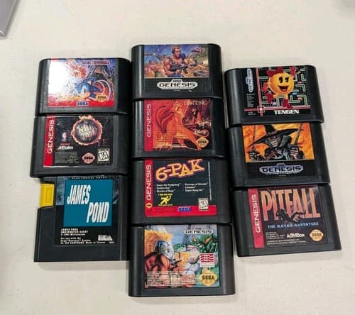 Lot Of 10 Sega Genesis Game Carts - Sonic, Pitfall, Lion King, NBA Jam, Pac-man