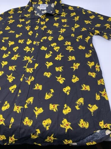 Pokemon Button up Shirt mens small black w/ all over print Pikachu Anime — photo 5
