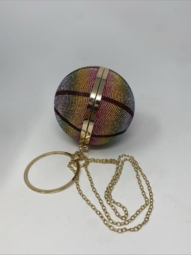 Rainbow Rhinestone Basketball Clutch Wristlet With Detachable Chain Link Strap 