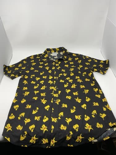 Pokemon Button up Shirt mens small black w/ all over print Pikachu Anime