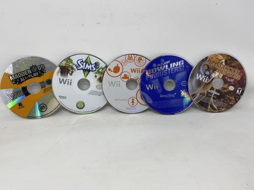 Lot of 5 Nintendo Wii Madden Sims 3 Wii Play Bowling Pinbusters Cabelas Hunts