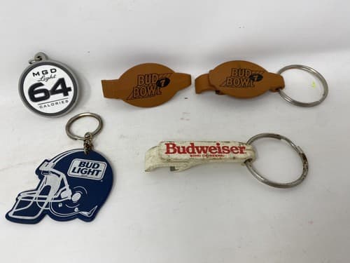 5 Assorted Key Chains/Bottle Openers Bud Light Budweiser Bowl MGD 64 Beer