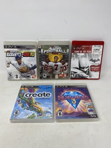 ps3 game lot bundle Of 5 Games MLB 2k10 All Pro Football Batman Create Bejeweled