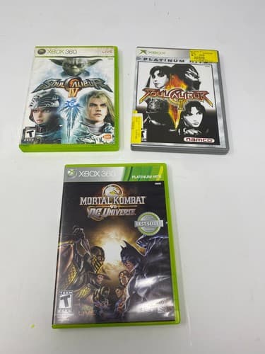 Xbox 360 Game Lot of 3 Soul Calibur II IV Mortal Kombat VS DC Universe Plat Hits