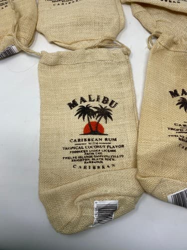 Malibu Caribbean Rum Burlap Drawstring Bottle Bags Lot of 6 Palm Tree Bar Decor — photo 2