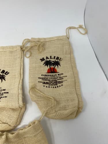 Malibu Caribbean Rum Burlap Drawstring Bottle Bags Lot of 6 Palm Tree Bar Decor — photo 6