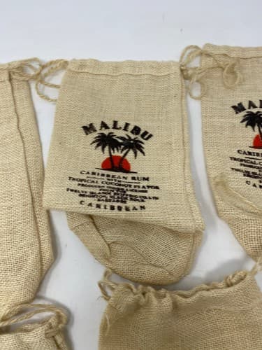 Malibu Caribbean Rum Burlap Drawstring Bottle Bags Lot of 6 Palm Tree Bar Decor — photo 5
