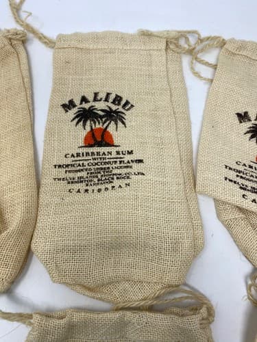 Malibu Caribbean Rum Burlap Drawstring Bottle Bags Lot of 6 Palm Tree Bar Decor — photo 4