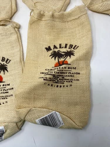 Malibu Caribbean Rum Burlap Drawstring Bottle Bags Lot of 6 Palm Tree Bar Decor — photo 7