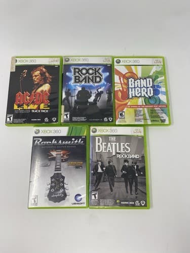 Lot 5 Xbox 360 Games Rock Band Hero, Beatles, ACDC Rocksmith Some CIB