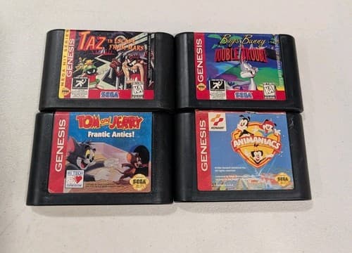 Lot Of 4 Sega Genesis Carts, Tested - Tom Jerry, Taz, Animaniacs, Bugs Bunny