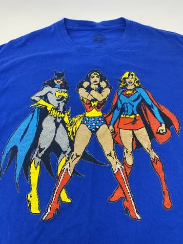DC Comics Batgirl Wonder Woman Supergirl Pixel Art Blue Graphic T-Shirt XL — photo 2